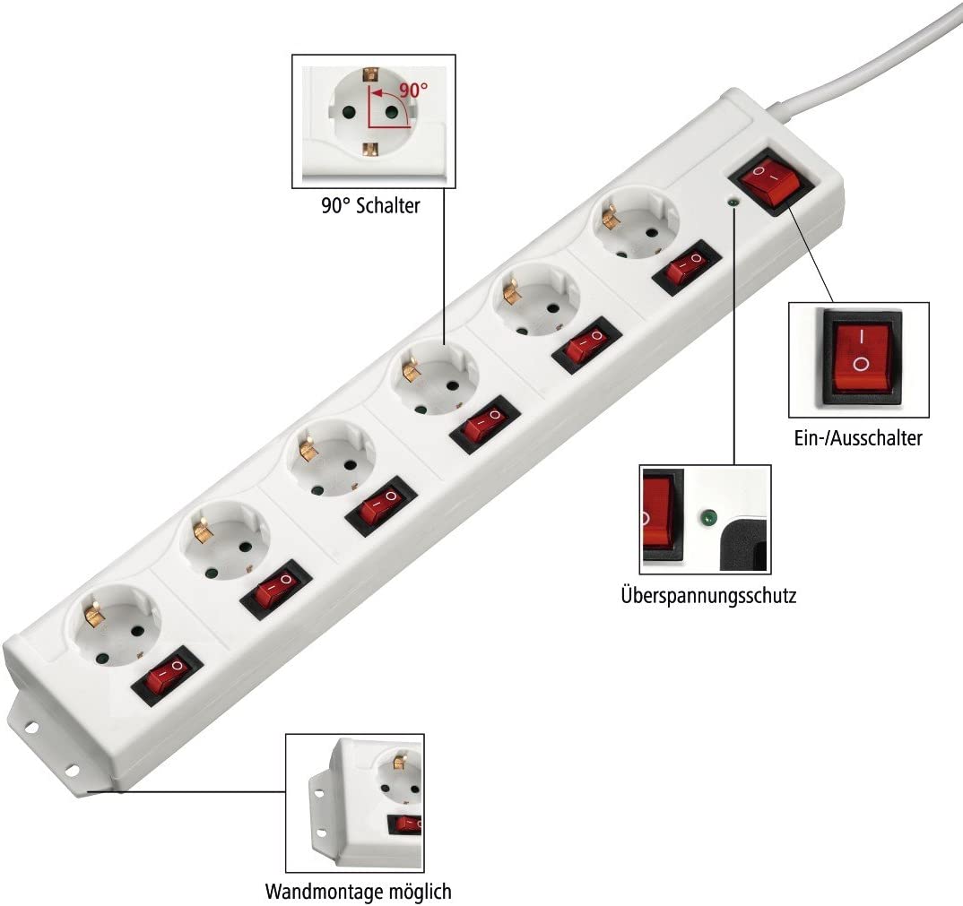 Hama Steckdosenleiste 6-fach XL weiß, einzeln schaltbar mit Überspannungsschutz